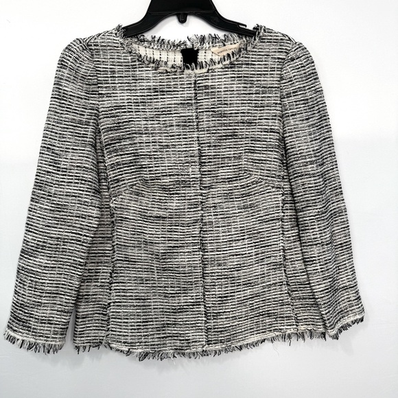 Rebecca Taylor Boucle Tweed Top 3/4 Sleeves Black White Cotton Blend Size 8 - Picture 3 of 15